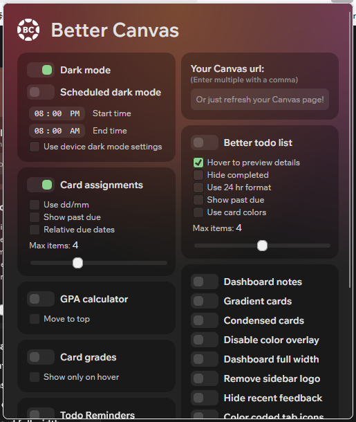 Better Canvas Dark Mode Dashboard Screenshot - Enhanced readability with professional dark theme