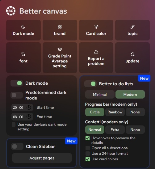 Better Canvas Main Interface - Dark Mode Dashboard with Custom Themes